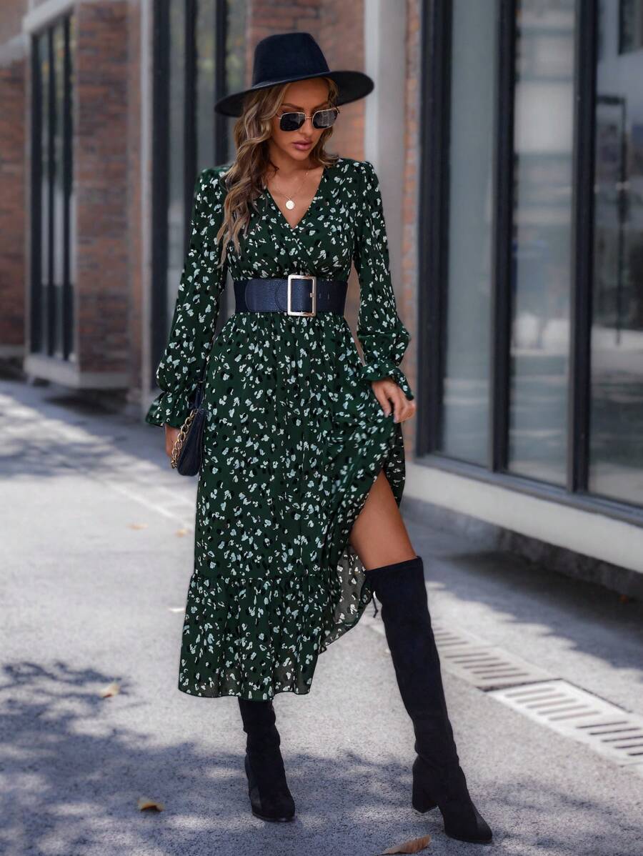 165 Rochie Lunga Idalia Verde Inchis Cu Imprimeu Alb - imagine 1