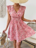 Rochie Scurta Osar Alba Cu Model Floral Rosu - imagine 3