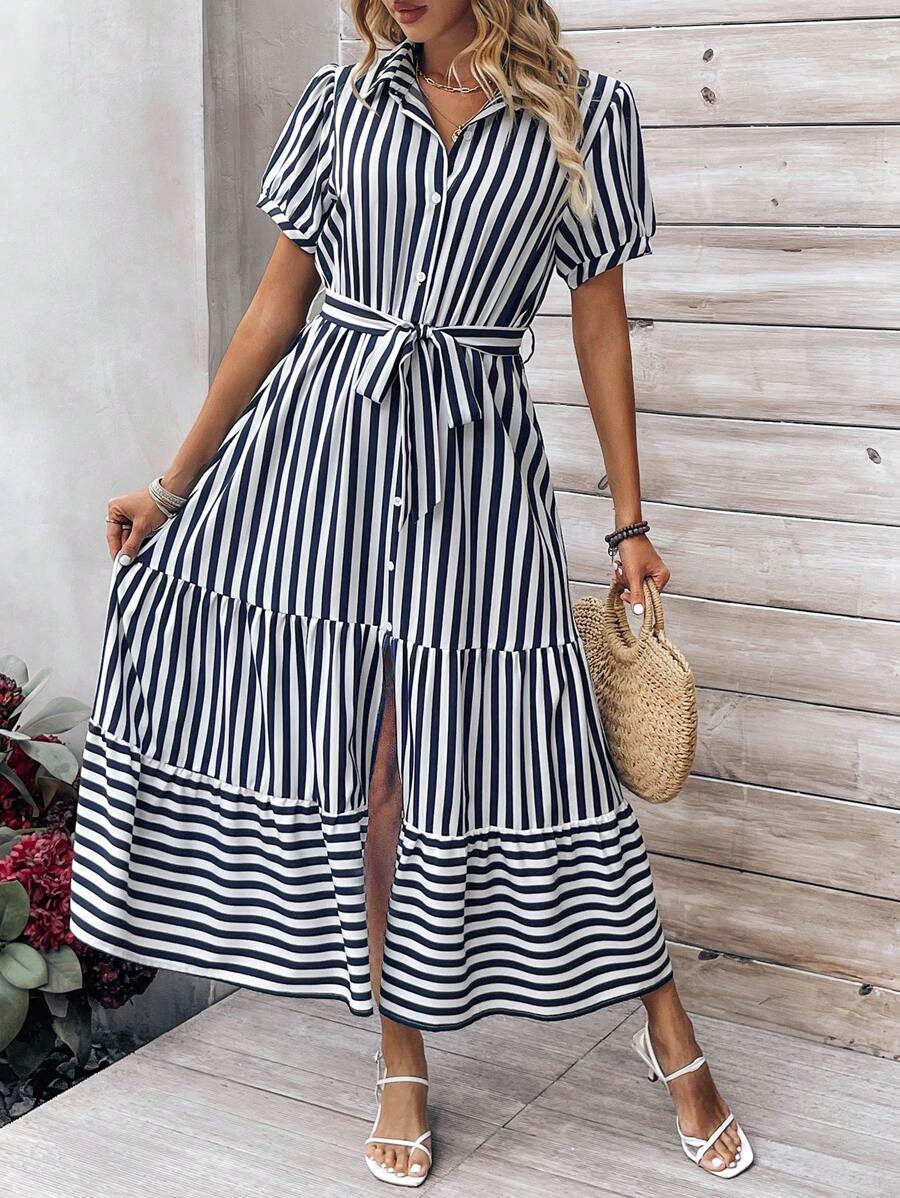 180 Rochie Lunga Dafna Cu Dungi Alb - Negru - imagine 1