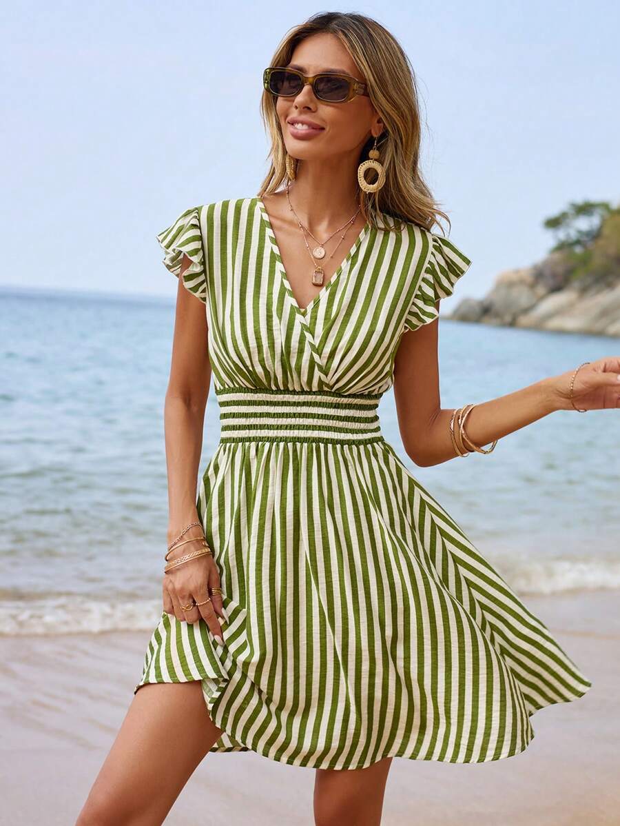 200 Rochie Scurta Tamia Verde Cu Dungi Albe - imagine 1