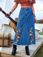 Fusta Lunga Delma Din Denim Cu Model Floral - imagine 3