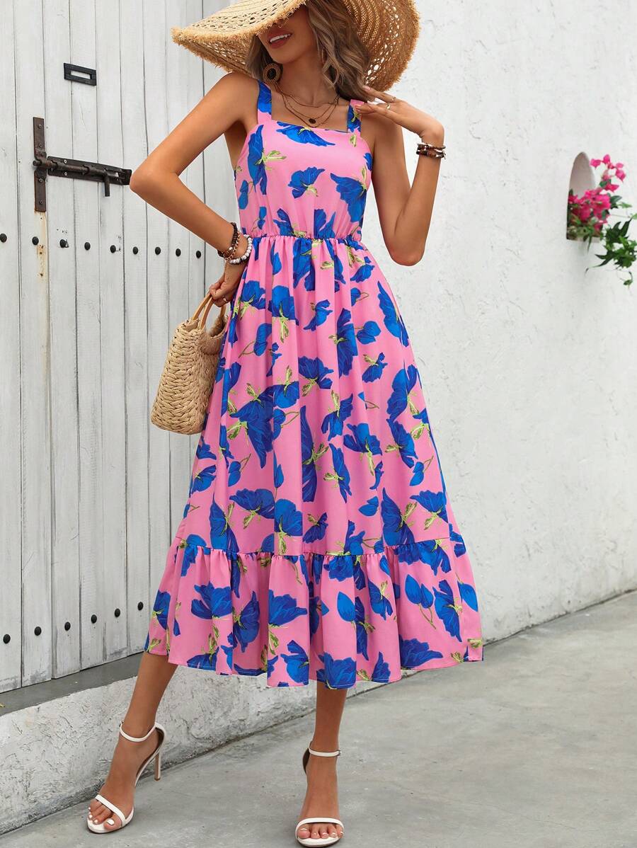 25 Rochie Lunga Madlen Roz Cu Model Floral Roz - imagine 1