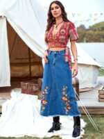 Fusta Lunga Delma Din Denim Cu Model Floral - imagine 5