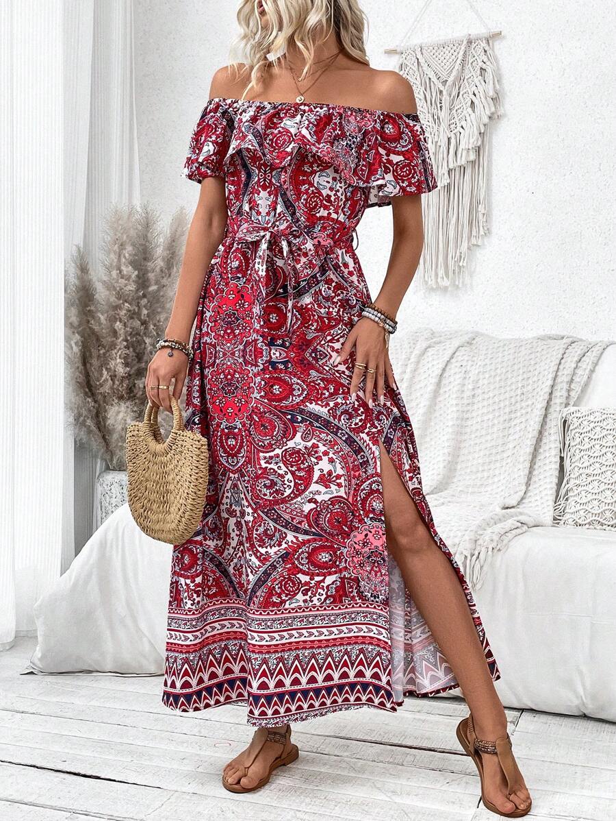 261 Rochie Lunga Anicha Alba Cu Imprimeu Rosu - imagine 1