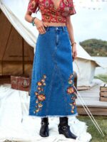 Fusta Lunga Delma Din Denim Cu Model Floral - imagine 4