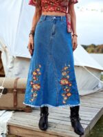 Fusta Lunga Delma Din Denim Cu Model Floral