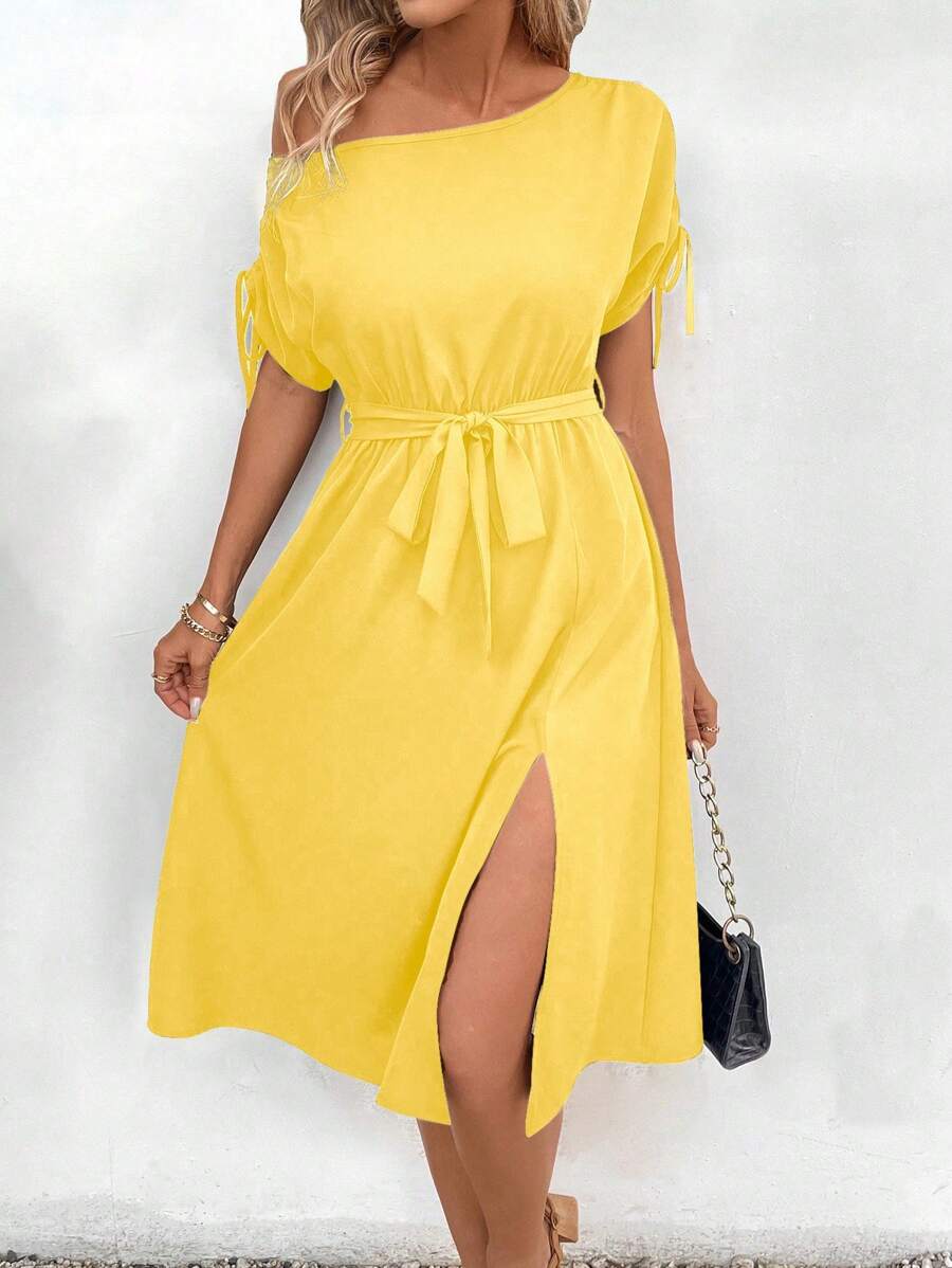 30 Rochie Midi Irmeli Galbena Cu Cordon - imagine 1