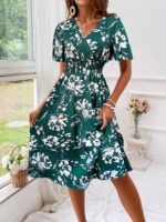 Rochie Midi Adie Verde Cu Model Floral Alb - imagine 3