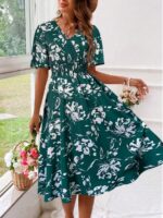 Rochie Midi Adie Verde Cu Model Floral Alb