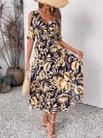 Rochie Lunga Glenda Albastru Inchis Cu Model Floral Crem