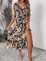 Rochie Lunga Glenda Albastru Inchis Cu Model Floral Crem - imagine 3