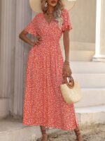 Rochie Lunga Gaia Portocalie Cu Model Floral Alb