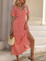Rochie Lunga Gaia Portocalie Cu Model Floral Alb - imagine 3