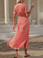 Rochie Lunga Gaia Portocalie Cu Model Floral Alb - imagine 2
