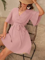 Rochie Scurta Cenna Roz Pudra Cu Cordon - imagine 3