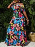 Rochie Lunga Claus Neagra Cu Model Tropical - imagine 4
