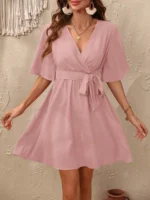 Rochie Scurta Cenna Roz Pudra Cu Cordon - imagine 4