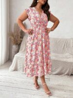 Rochie Lunga Brem Mov Deschis Cu Model Floral Multicolor - Marimi Mari - imagine 3