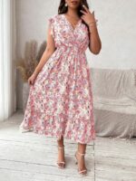 Rochie Lunga Brem Mov Deschis Cu Model Floral Multicolor - Marimi Mari - imagine 4