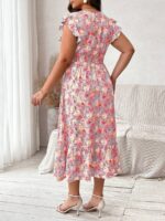Rochie Lunga Brem Mov Deschis Cu Model Floral Multicolor - Marimi Mari - imagine 2
