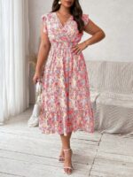 Rochie Lunga Brem Mov Deschis Cu Model Floral Multicolor - Marimi Mari - imagine 5