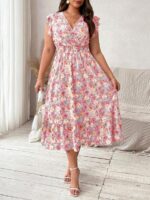 Rochie Lunga Brem Mov Deschis Cu Model Floral Multicolor - Marimi Mari