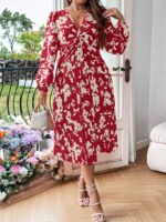 Rochie Midi Polona Rosie Cu Model Floral Alb - Marimi Mari