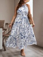 Rochie Lunga Baldur Alba Cu Model Floral Albastru - Marimi Mari - imagine 3