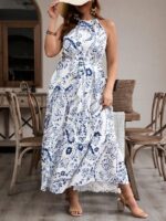 Rochie Lunga Baldur Alba Cu Model Floral Albastru - Marimi Mari - imagine 4