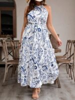 Rochie Lunga Baldur Alba Cu Model Floral Albastru - Marimi Mari - imagine 5