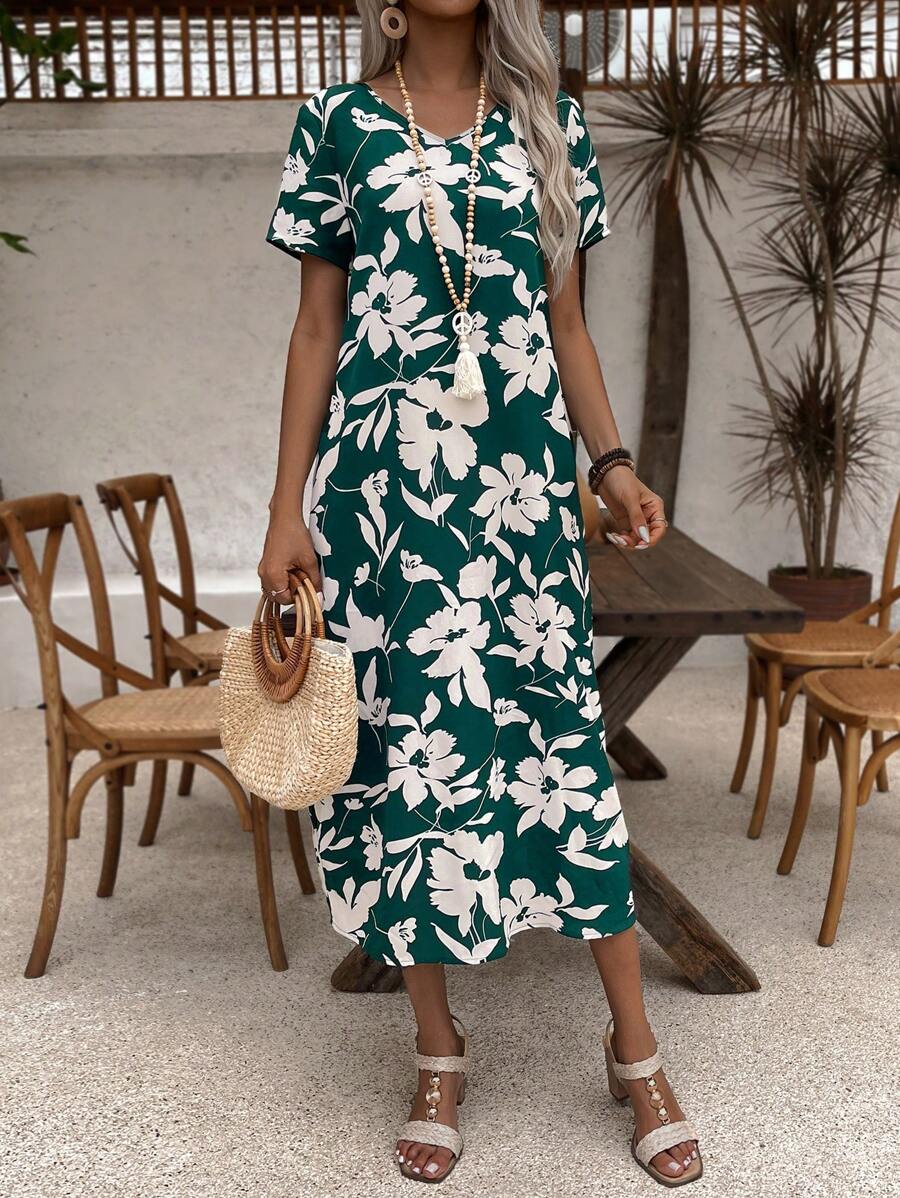 75 Rochie Lunga Sten Verde Cu Model Floral Alb - imagine 1