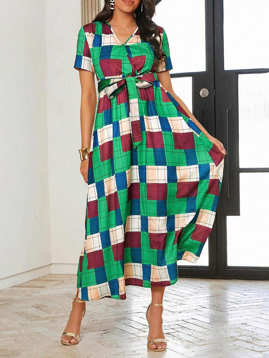 85 Rochie Lunga Hermina Verde Cu Imprimeu Geometric Multicolor - imagine 1