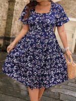 Rochie Midi Daisy Bleumarin Cu Model Floral Alb - Marimi Mari