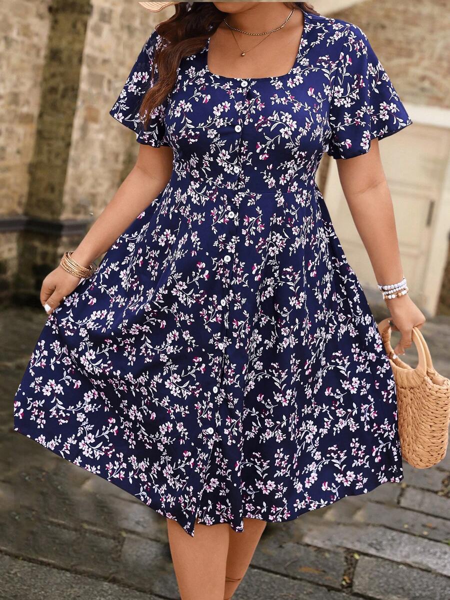 85 Rochie Midi Daisy Bleumarin Cu Model Floral Alb - Marimi Mari - imagine 1