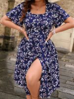 Rochie Midi Daisy Bleumarin Cu Model Floral Alb - Marimi Mari - imagine 3