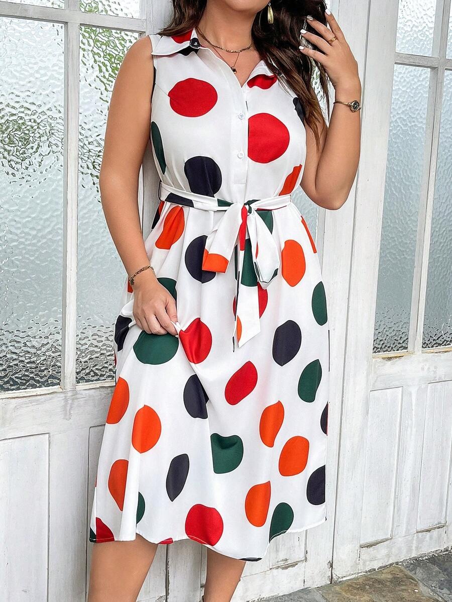 916 Rochie Midi Maritza Alba cu Buline Multicolore- Marimi Mari - imagine 1