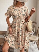 Rochie Scurta Telma Bej cu Imprimeu Floral