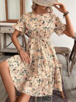 Rochie Scurta Telma Bej cu Imprimeu Floral - imagine 3