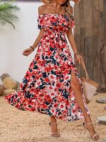Rochie Lunga Tabatha Roz Pudra Cu Model Floral Multicolor