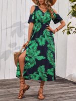 Rochie Lunga Serrana Bleumarin Cu Model Cu Frunze Verzi
