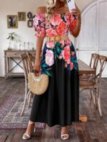 Rochie Lunga Rebecka Neagra Cu Model Floral Multicolor