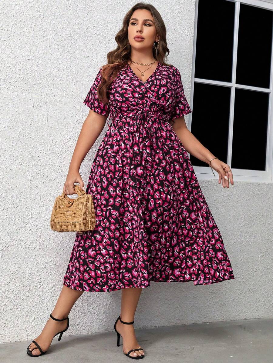 100 Rochie Midi Rayna Neagra Cu Model Leopard Roz - Marimi Mari - imagine 1