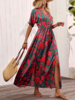 Rochie Lunga Amaia Verde Cu Model Floral Rosu