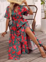 Rochie Lunga Amaia Verde Cu Model Floral Rosu - imagine 3
