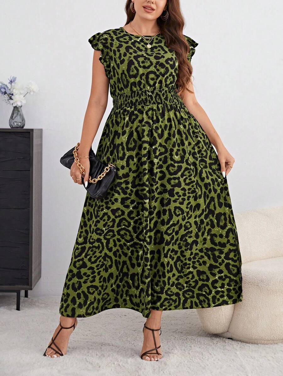 104 Rochie Lunga Anjali Verde Cu Model Leopard Negru - Marimi Mari - imagine 1
