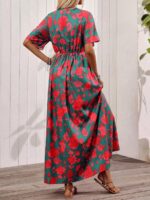 Rochie Lunga Amaia Verde Cu Model Floral Rosu - imagine 2