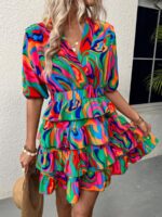 Rochie Scurta Leiah Verde Cu Print Multicolor