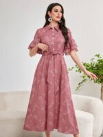 Rochie Lunga Armelle Roz Inchis Cu Model Floral Alb - imagine 3