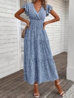 Rochie Lunga Sladana Albastru Deschis Cu Model Floral Alb - imagine 4