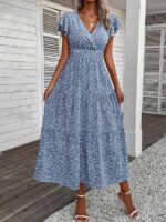 Rochie Lunga Sladana Albastru Deschis Cu Model Floral Alb - imagine 5